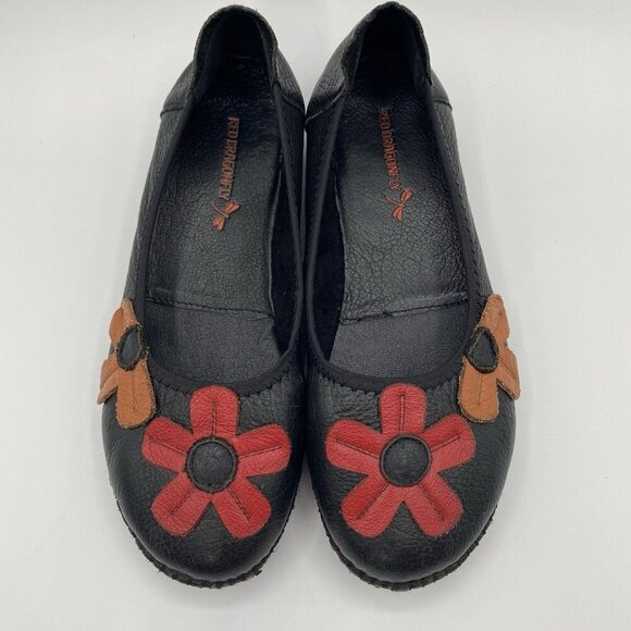Red Dragonfly Floral Appliqué Black Leather Loafers US Size 5.5, Chinese Sz 225 - Picture 4 of 14